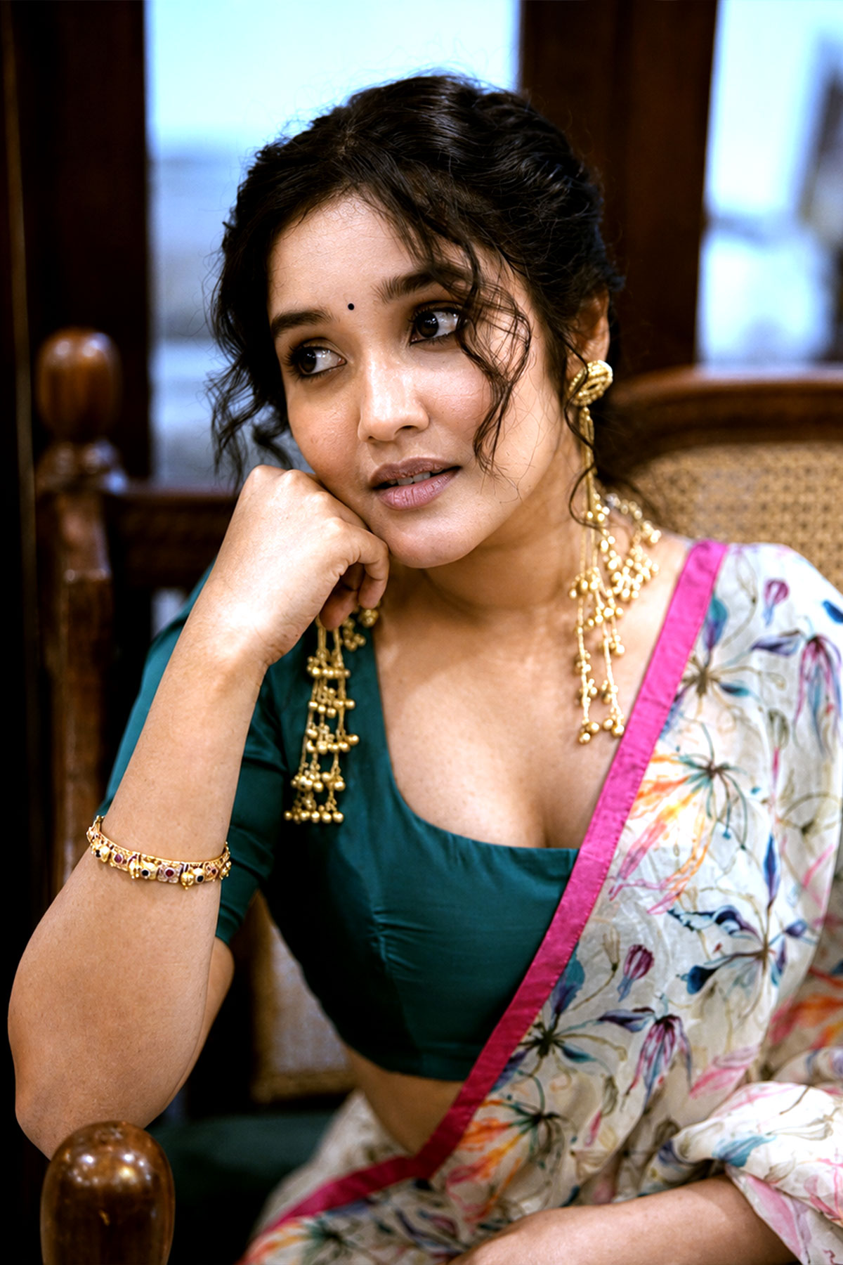 Anikha Surendran Stills in Ivory Floral Half-Saree Lehenga