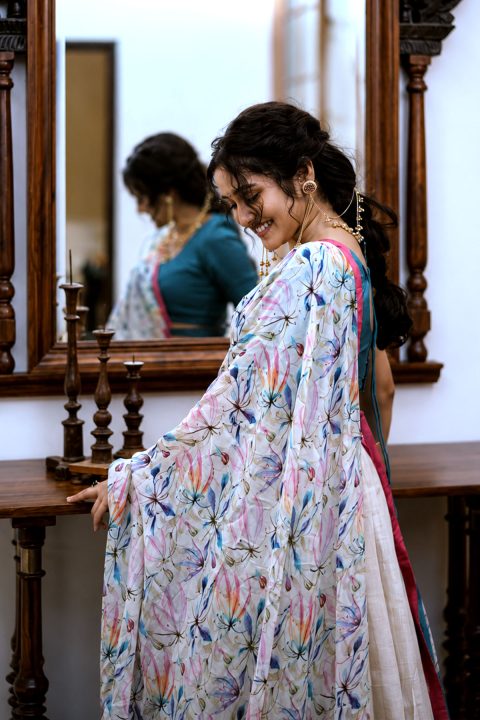 Anikha Surendran Glamorous Photos in Ivory Floral Lehenga