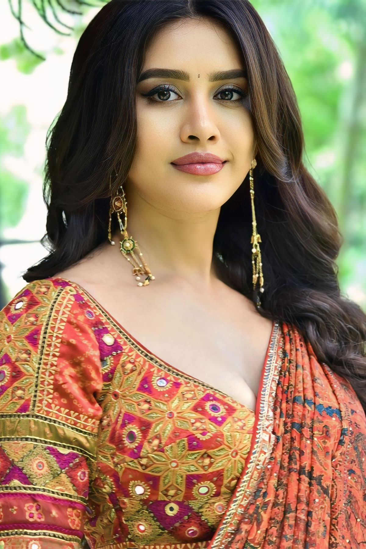 Nabha Natesh Stills in Rust Kalamkari Saree | Nagabandham Interview