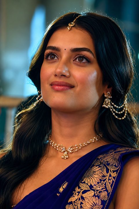 BhagyaShri Borse in Royal Blue Banarasi Saree at Lenin Event