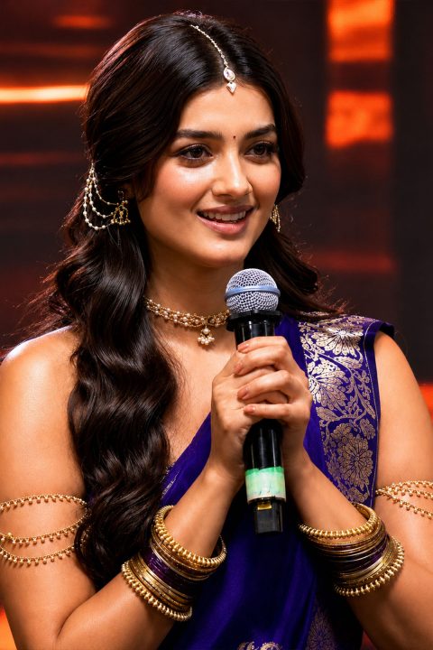 Actress BhagyaShri Borse Royal Blue Saree Lenin Press Meet