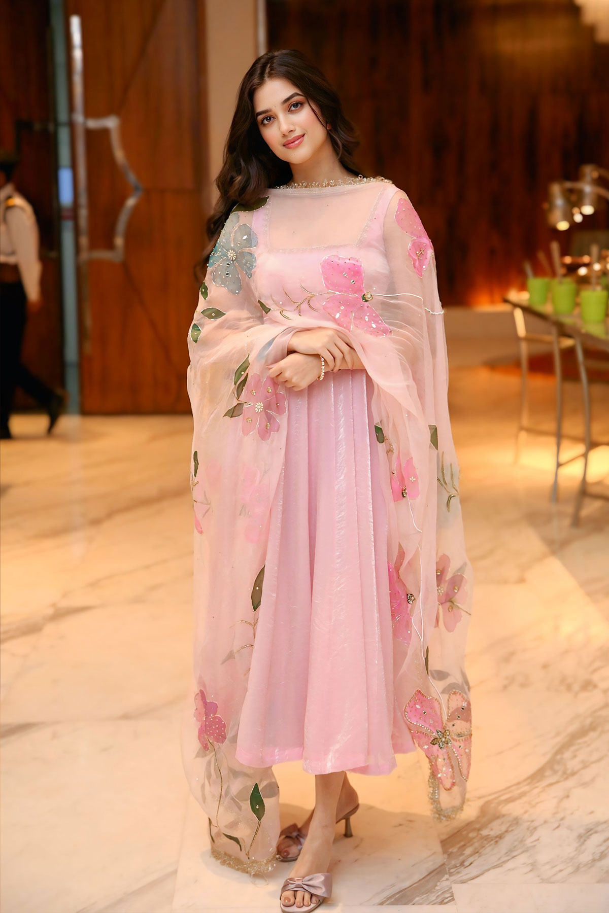 Bhagyashri Borse Lenin Event Floral Organza Cape Dupatta Images