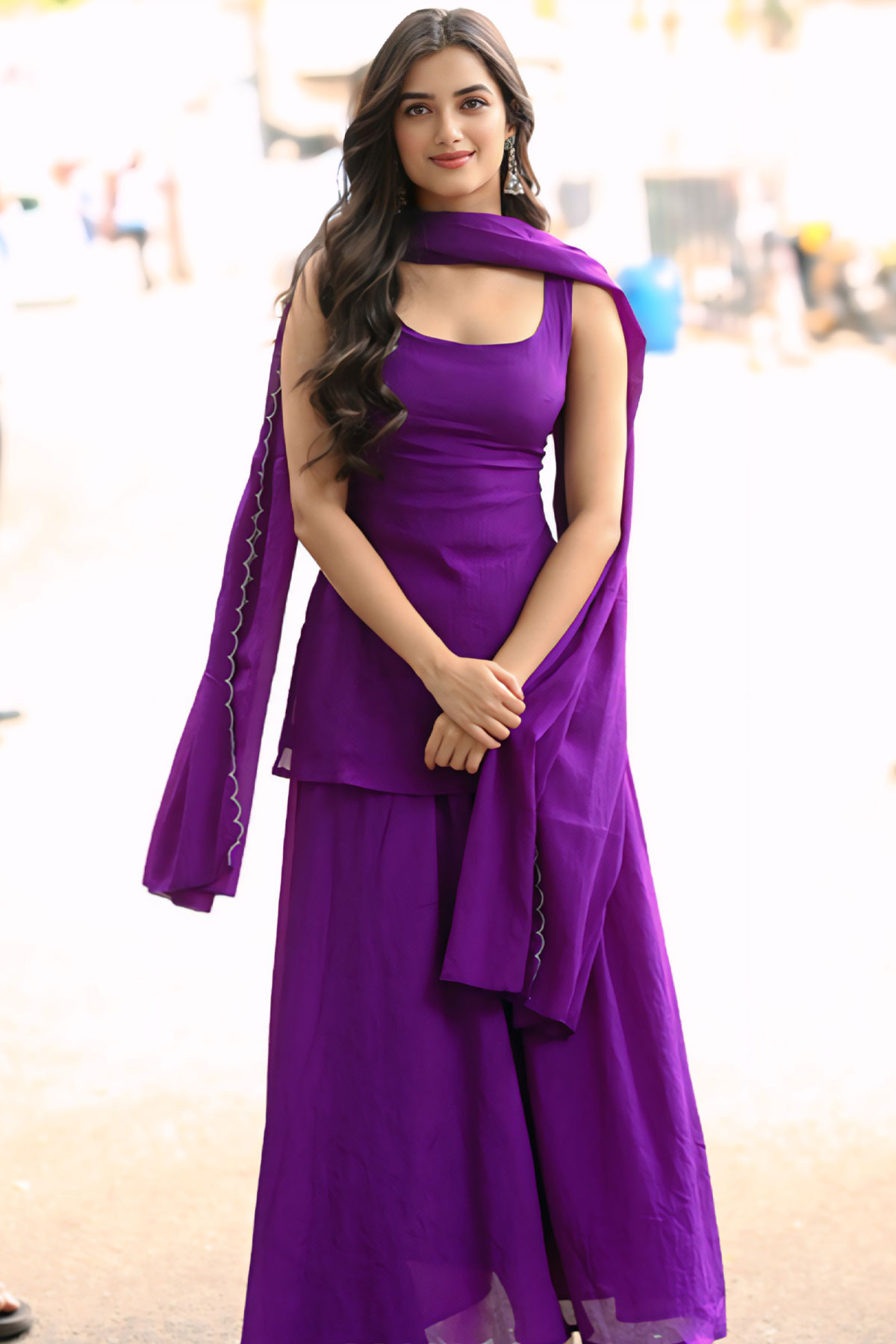 Bhagyashri Borse Ethnic Violet Flared Skirt Lenin Press Meet