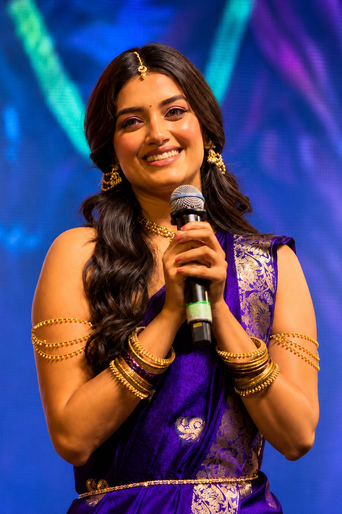 Tollywood Actress BhagyaShri Borse Royal Blue Saree Photos