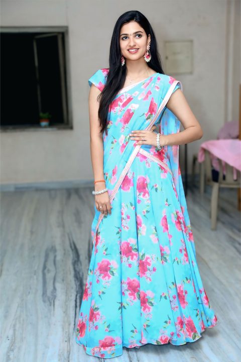 Divija Prabhakar Sky Blue Watercolour Half Saree at Hey Chikittha Launch