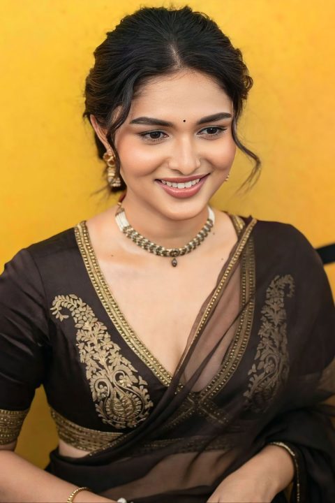 South Actress Kayadu Lohar in Dark Chocolate Organza Sare
