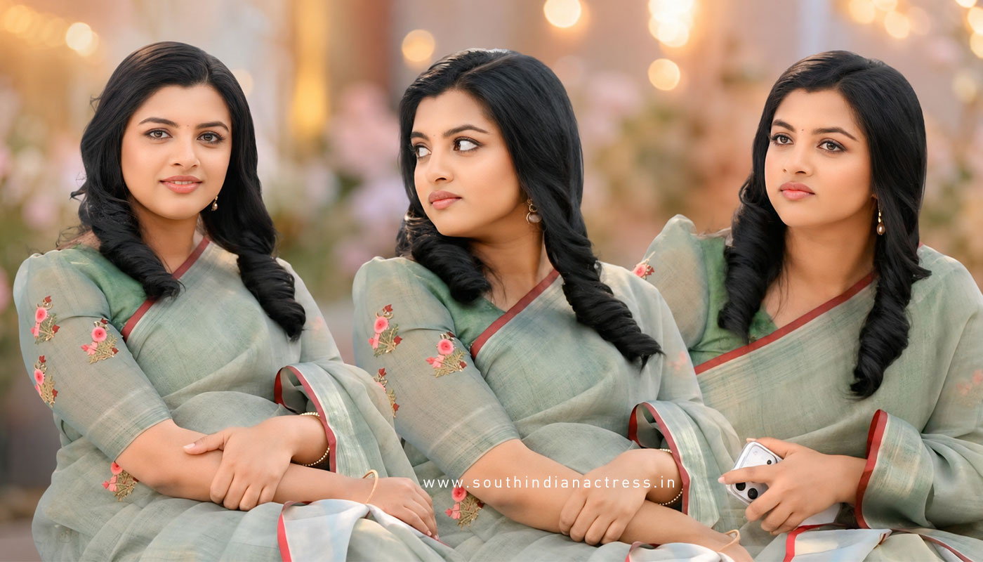 Lijomol Jose Sage Green Saree Fashion at Unmadham Trailer Launch