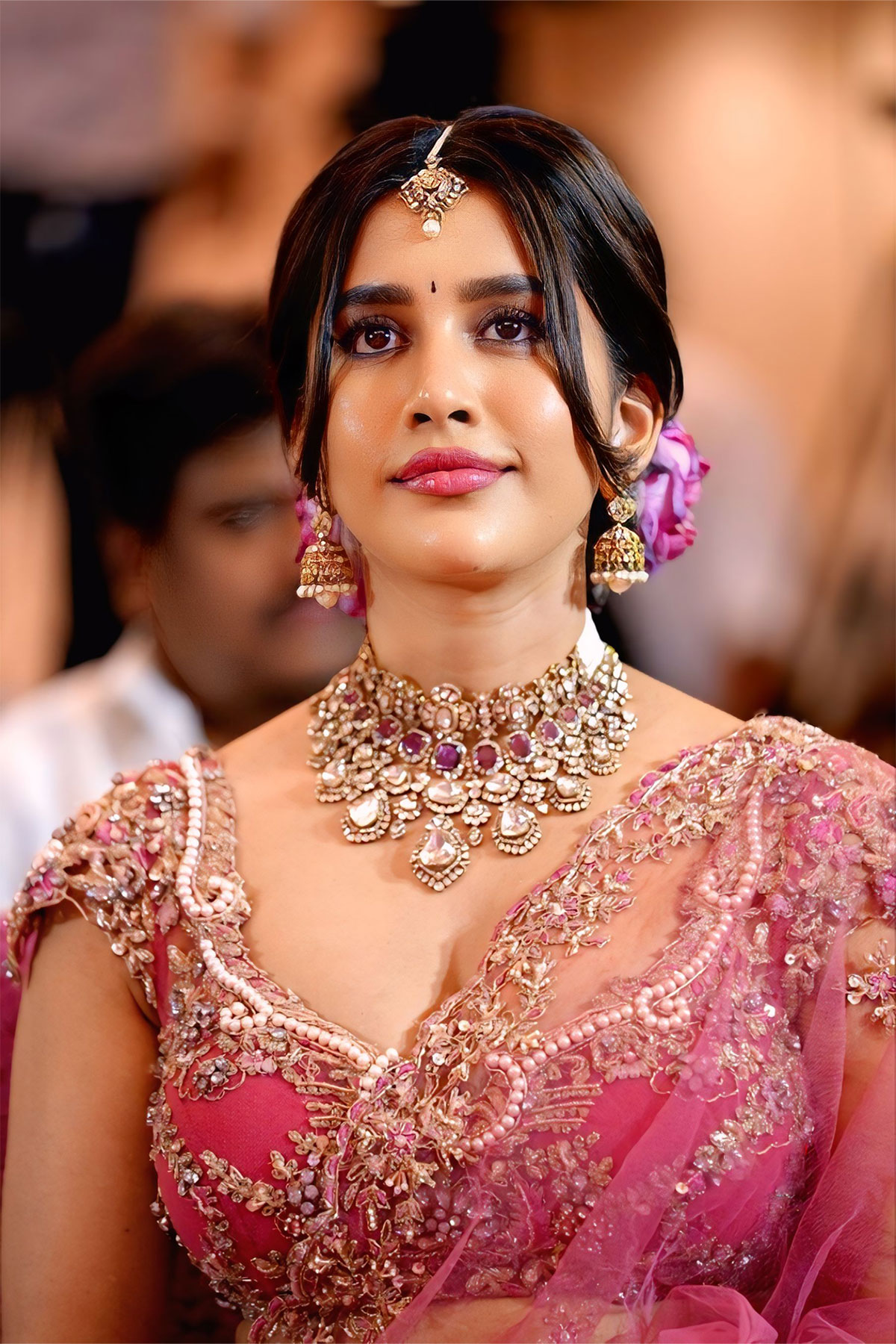 Nabha Natesh Stunning in Pink Lehenga at Nagabandham Press Meet