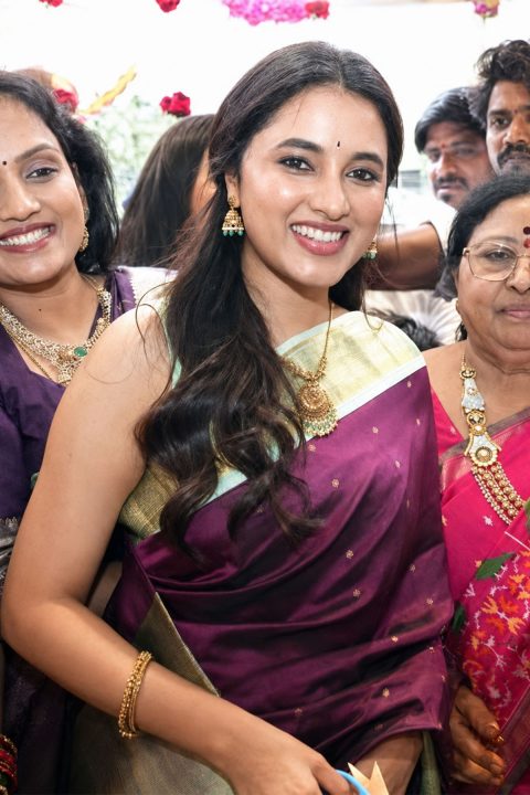 Priyanka Mohan in Wine Purple Silk Saree at Hyderabad Launch