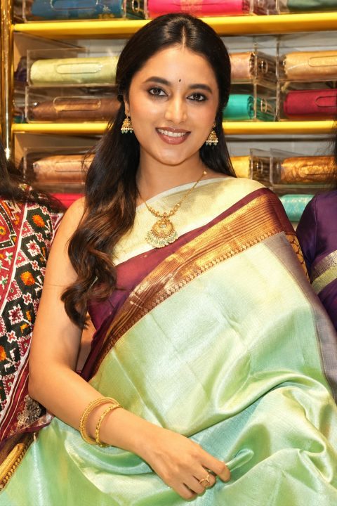 Priyanka Mohan Wine Purple Silk Saree and Temple Jewellery