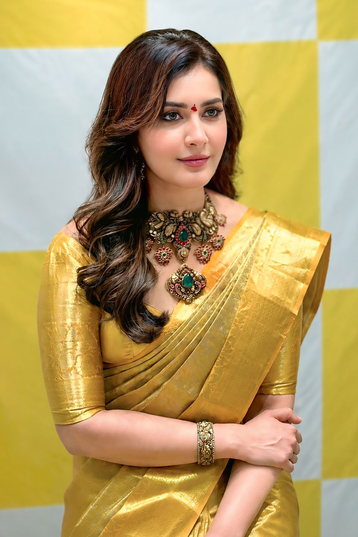 Raashii Khanna Yellow Gold Tissue Silk Saree Mangalya Mall Opening