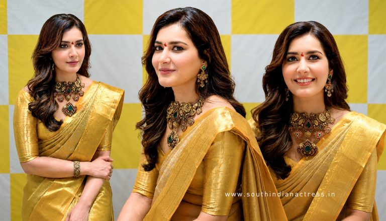 Raashii Khanna Antique Temple Jewellery Style Gold Tissue Saree
