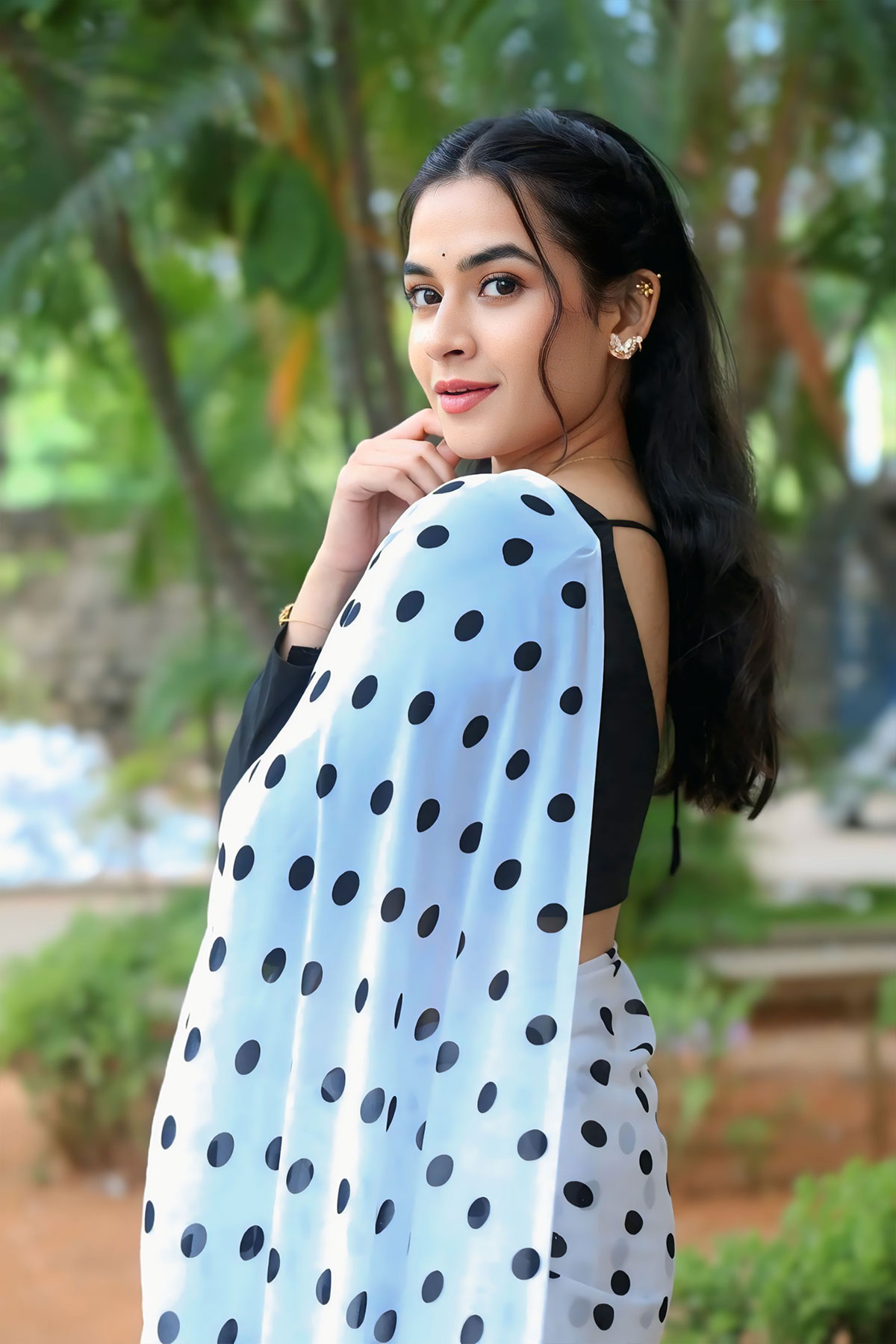 Sahithi Avancha Polka Dot Saree Style Movie Press Event