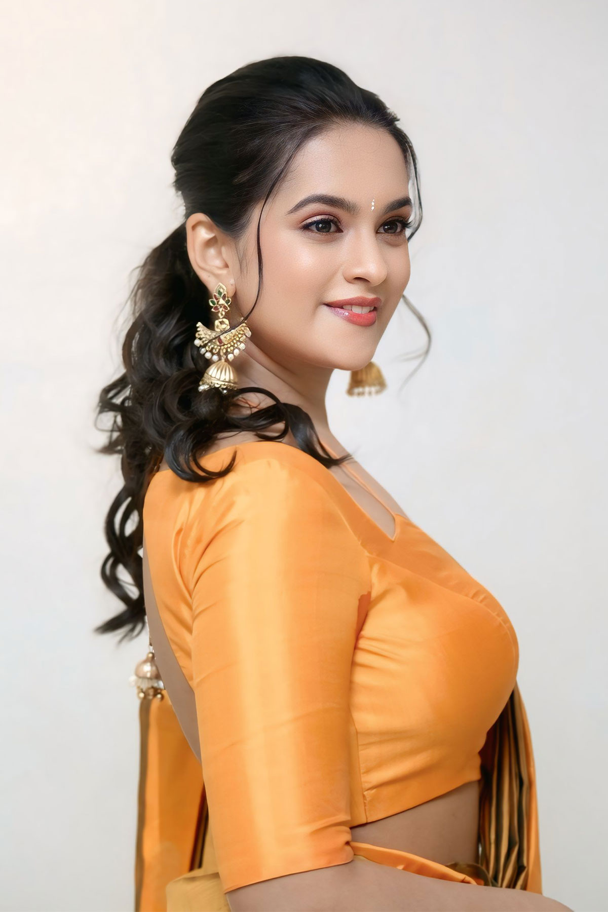 Samaira Sri Golden Mustard Silk Saree at Karmakhya Trailer Launch