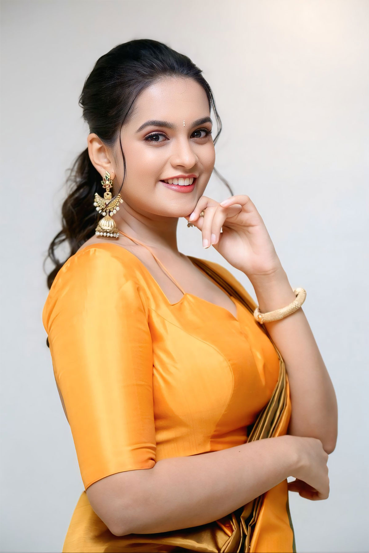 Karmakhya Trailer Launch: Samaira Sri Mustard Saree Style