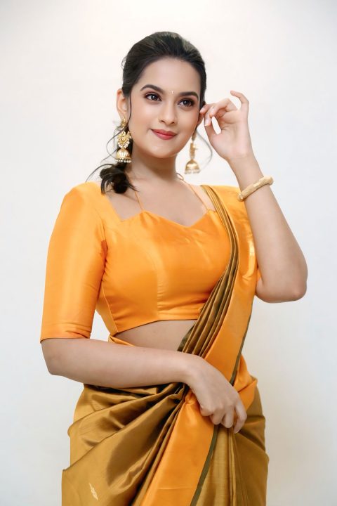 South Actress Samaira Sri in Golden Mustard Silk Saree