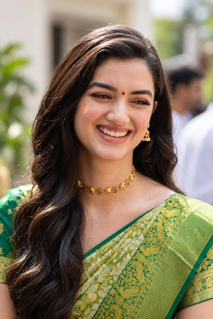 Bhagyashri Borse Candid Smile in Green Silk Saree