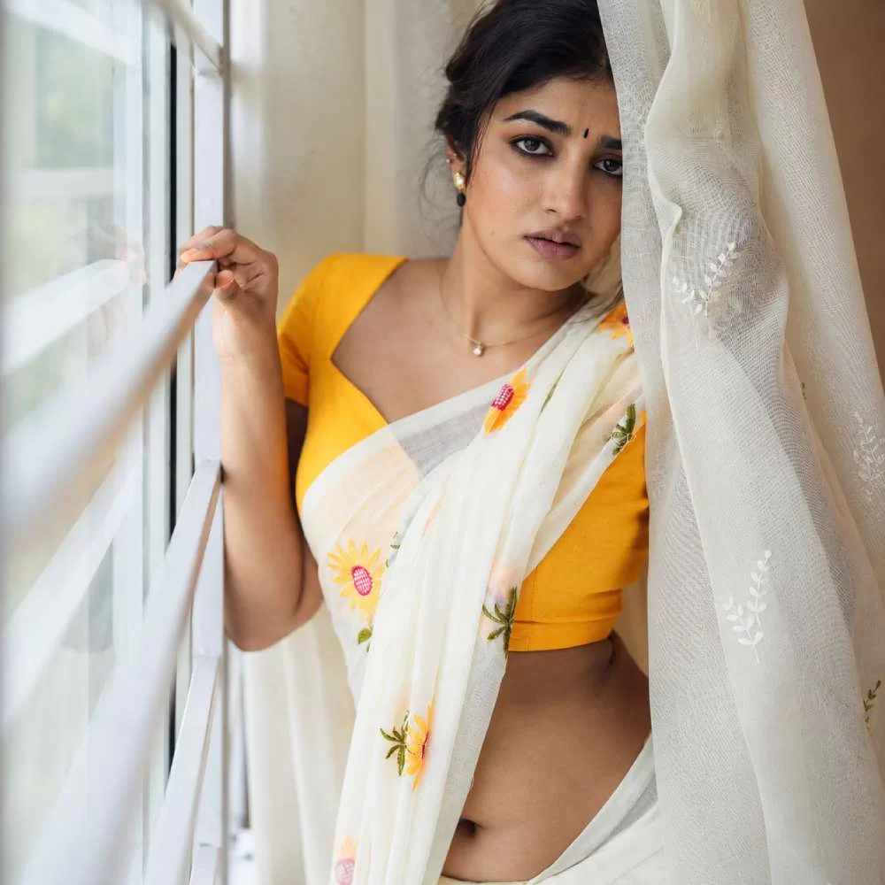 Dimple Hayathi Stuns in Cream Floral Saree Photoshoot