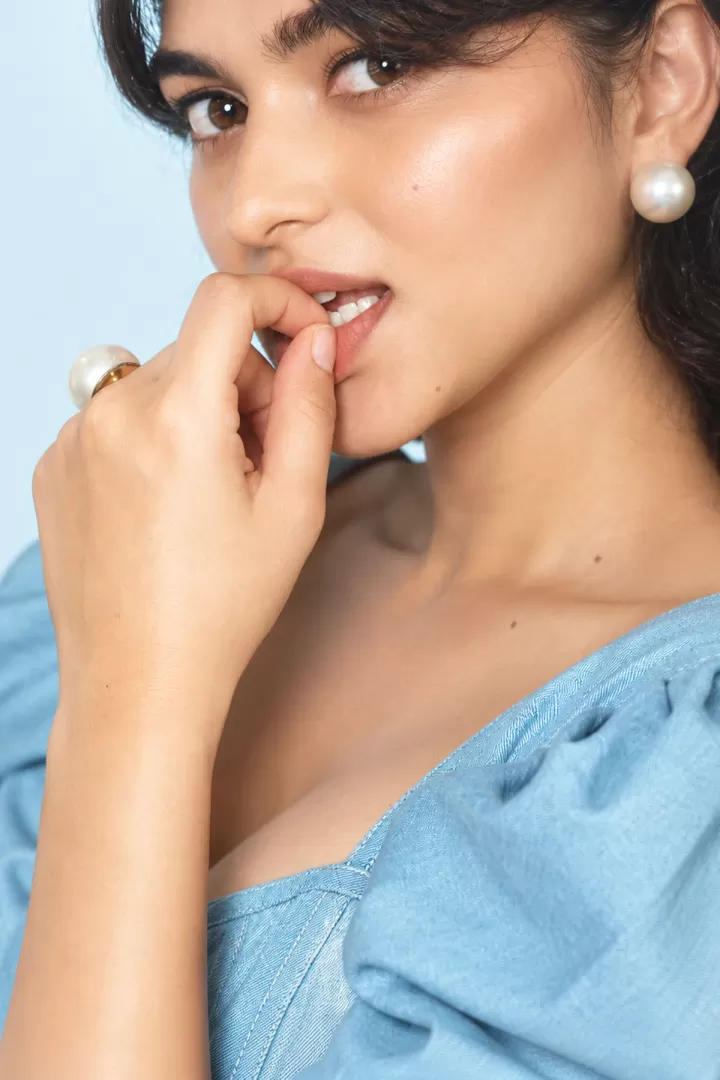 Kayadu Lohar Stunning Close-Up in Powder Blue Zabella Dress