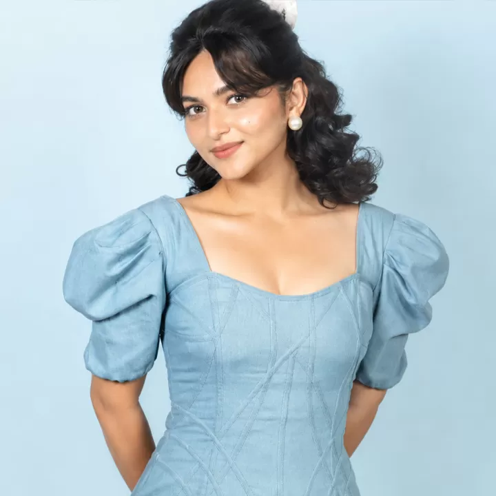 Kayadu Lohar Latest Photos in Powder Blue Zabella Zara Midi Dress