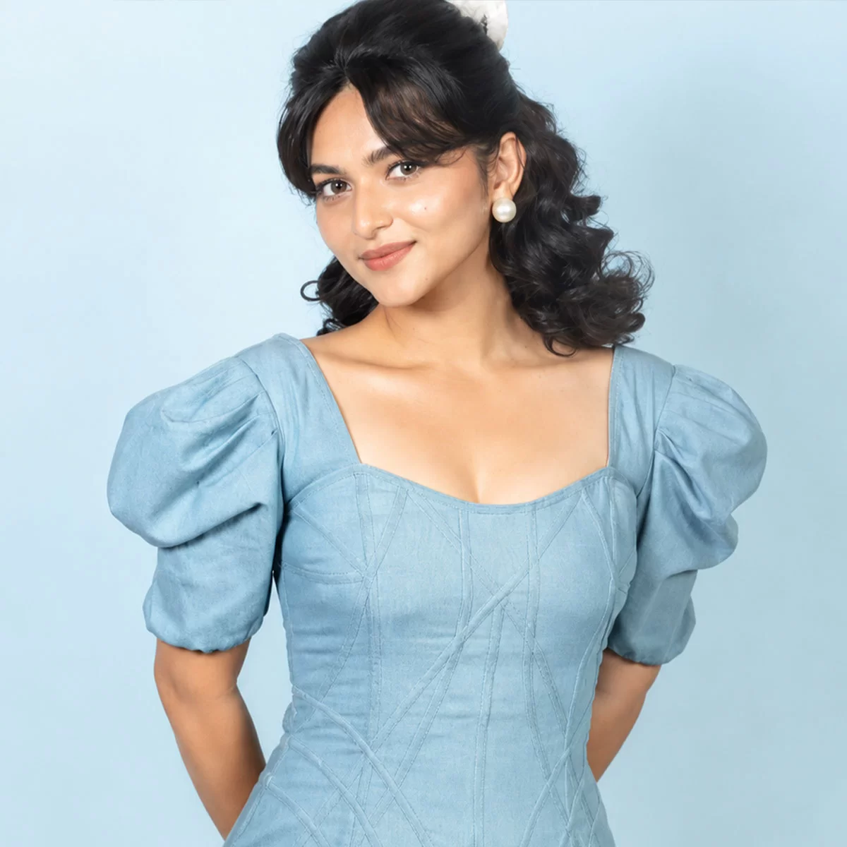 Kayadu Lohar Latest Photos in Powder Blue Zabella Zara Midi Dress
