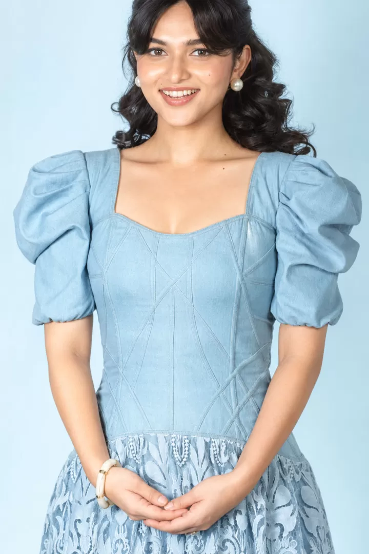 Kayadu Lohar Beautiful Smile in Powder Blue Zara Midi Dress