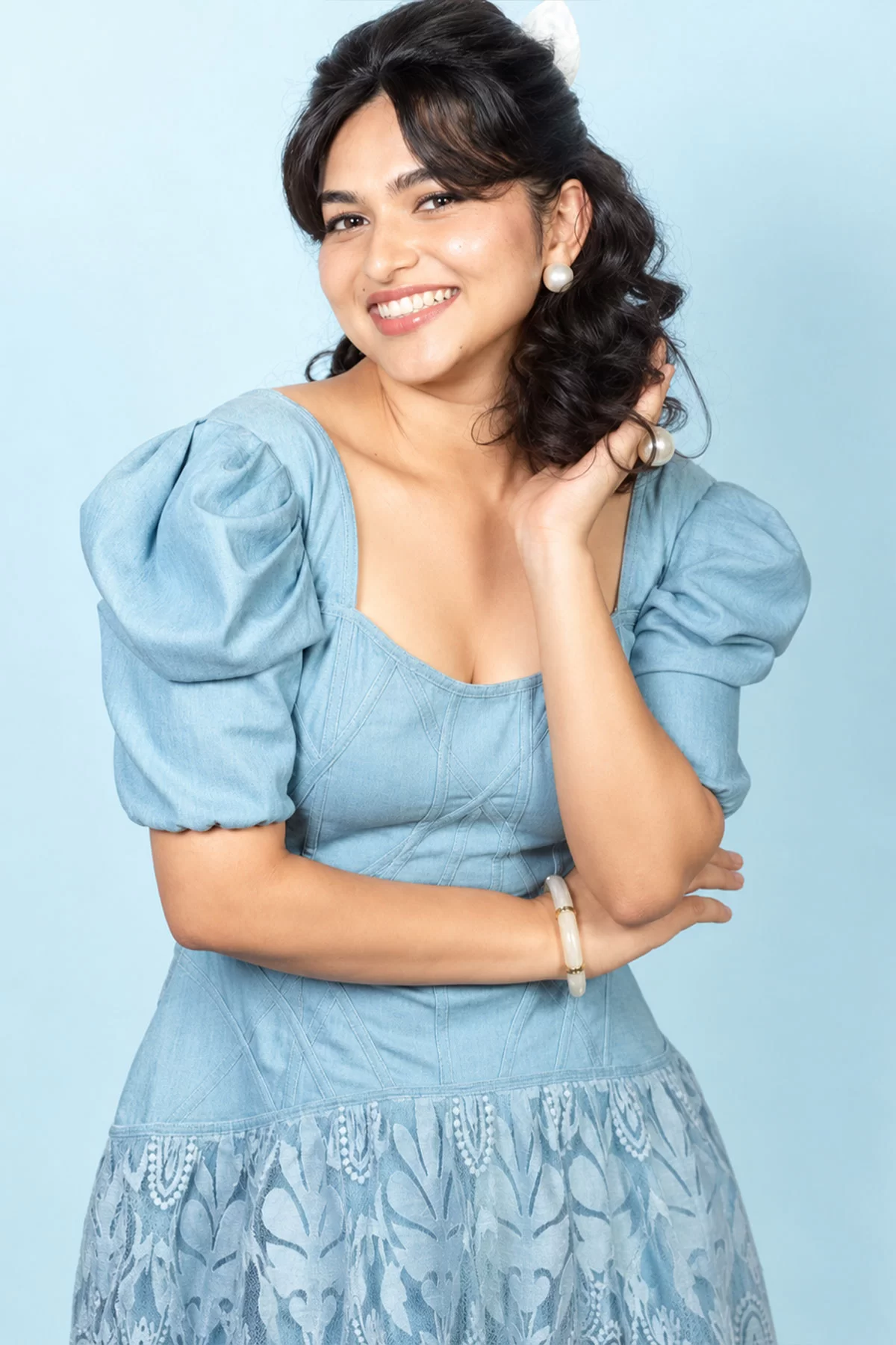 Kayadu Lohar Gorgeous Photos in Blue Puff Sleeve Midi Dress