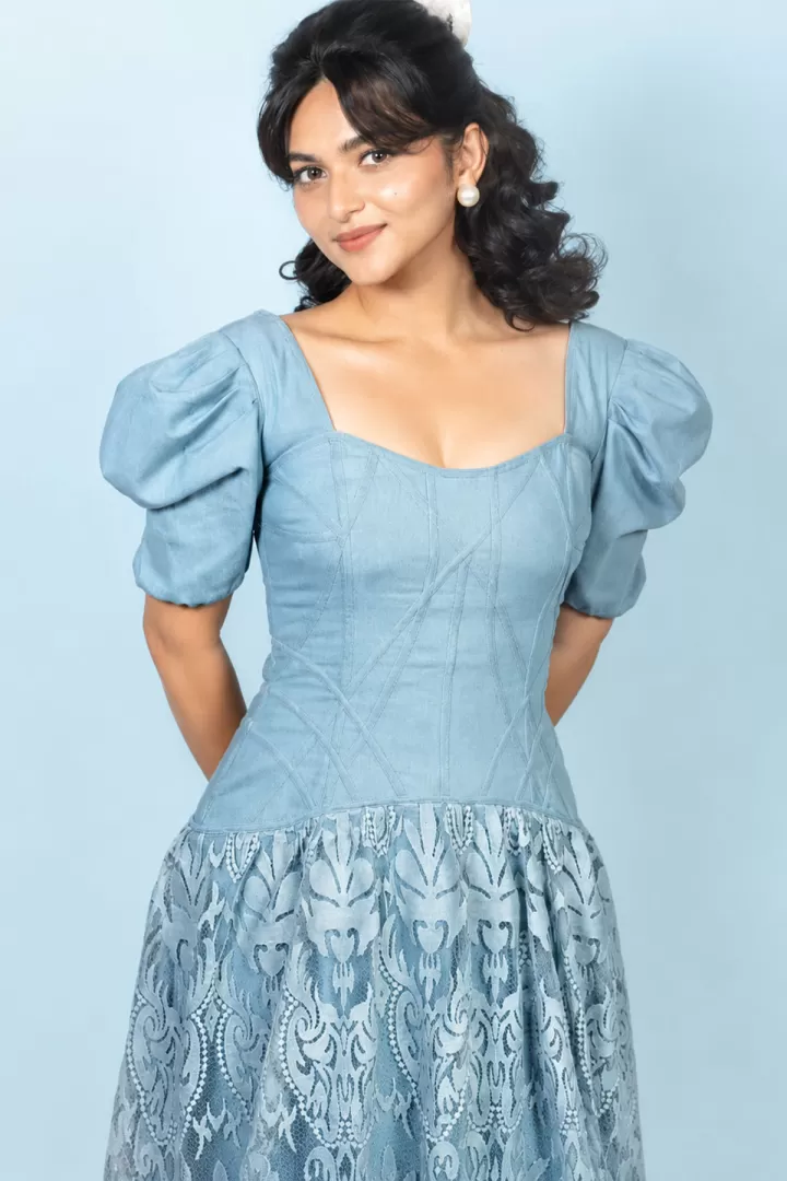 Kayadu Lohar Graceful Look in Zabella Powder Blue Midi Dress